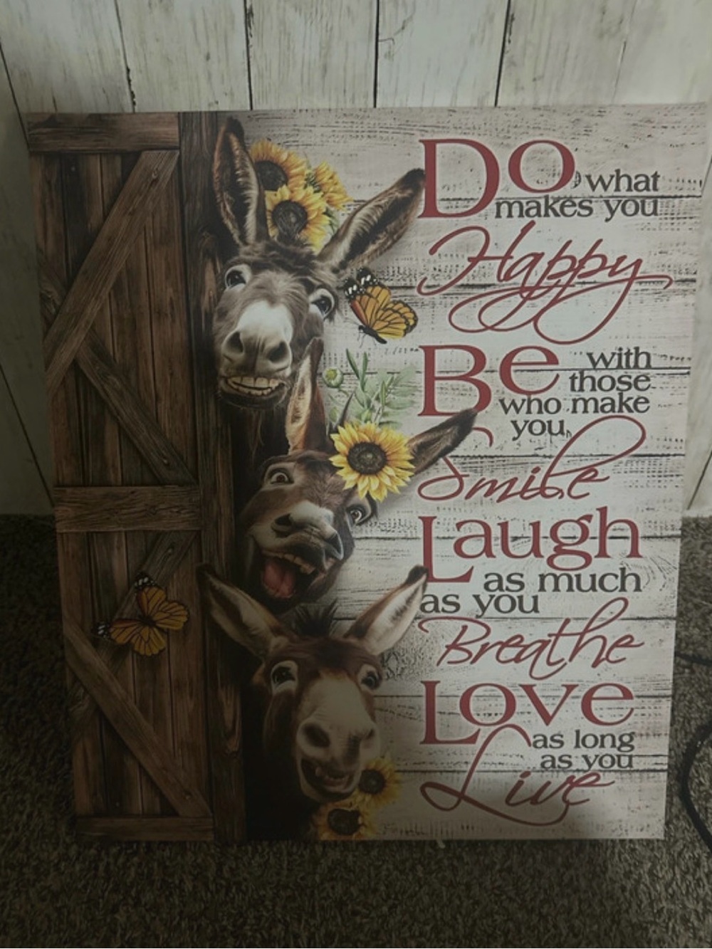 Donkey Floral Wall Art - Happy Laugh Love Inspirational Sign - Red Accent